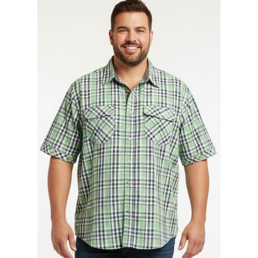Rocawear Men's Big & Tall 2x Green Gray Plaid Collared Cotton Snap Closure Shirt